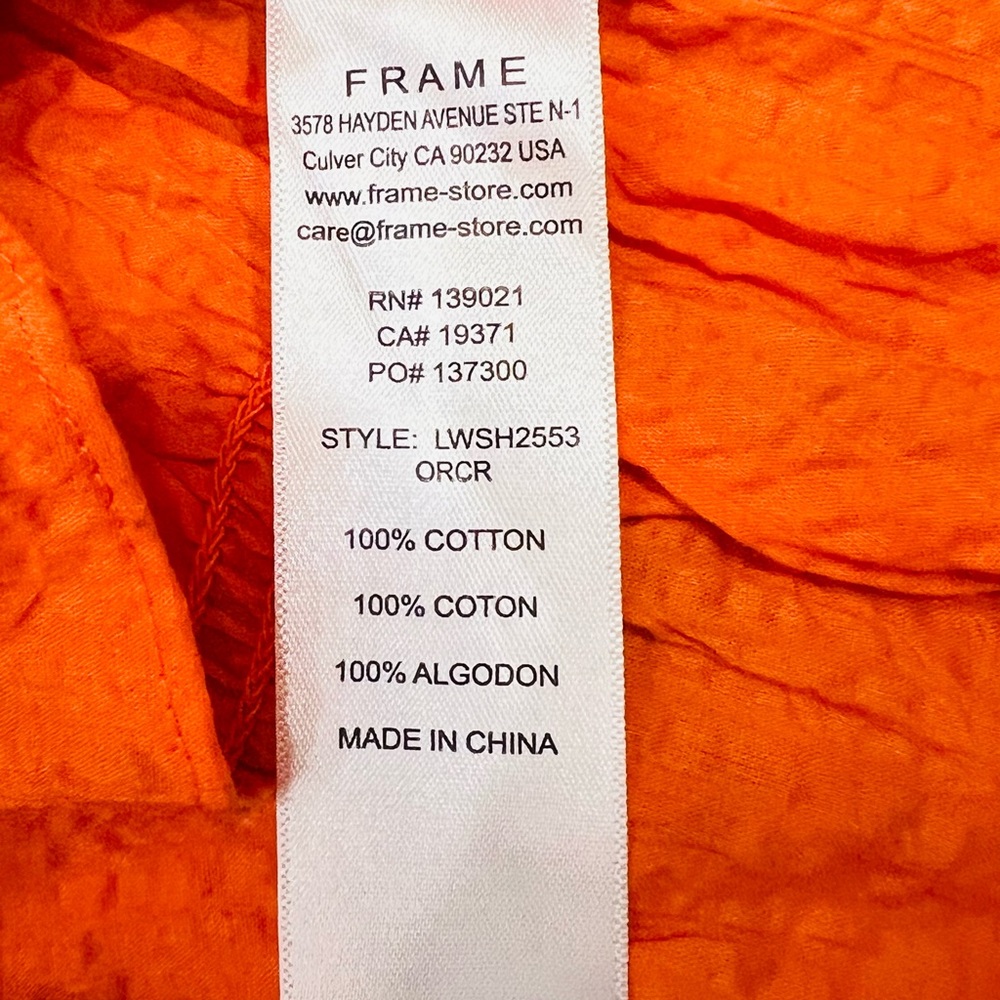 Frame EUC Ruched V Neck Sleeveless Top Blouse Orange Button Front Peplum M - Picture 10 of 12